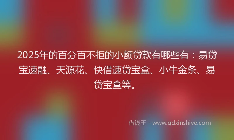 2025年的百分百不拒的小额贷款有哪些有：易贷宝速融、天源花、快借速贷宝盒、小牛金条、易贷宝盒等。