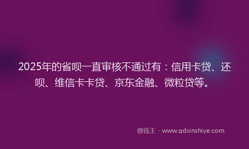 2025年的省呗一直审核不通过有：信用卡贷、还呗、维信卡卡贷、京东金融、微粒贷等。
