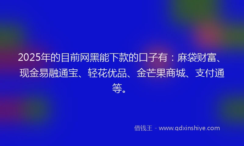 2025年的目前网黑能下款的口子有：麻袋财富、现金易融通宝、轻花优品、金芒果商城、支付通等。