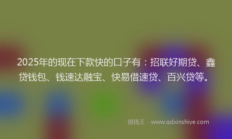 2025年的现在下款快的口子有：招联好期贷、鑫贷钱包、钱速达融宝、快易借速贷、百兴贷等。