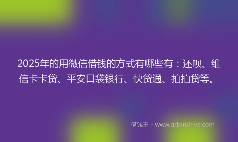 2025年的用微信借钱的方式有哪些有：还呗、维信卡卡贷、平安口袋银行、快贷通、拍拍贷等。