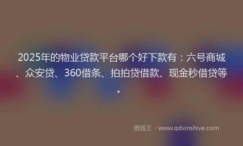 2025年的物业贷款平台哪个好下款有：六号商城、众安贷、360借条、拍拍贷借款、现金秒借贷等。
