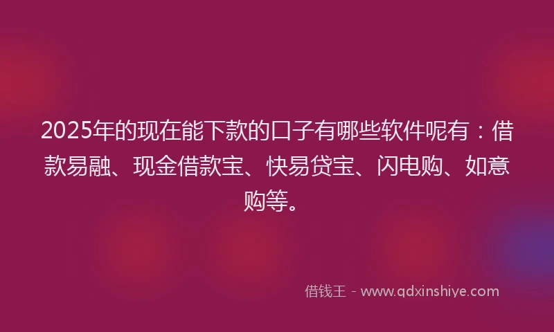 2025年的现在能下款的口子有哪些软件呢有：借款易融、现金借款宝、快易贷宝、闪电购、如意购等。
