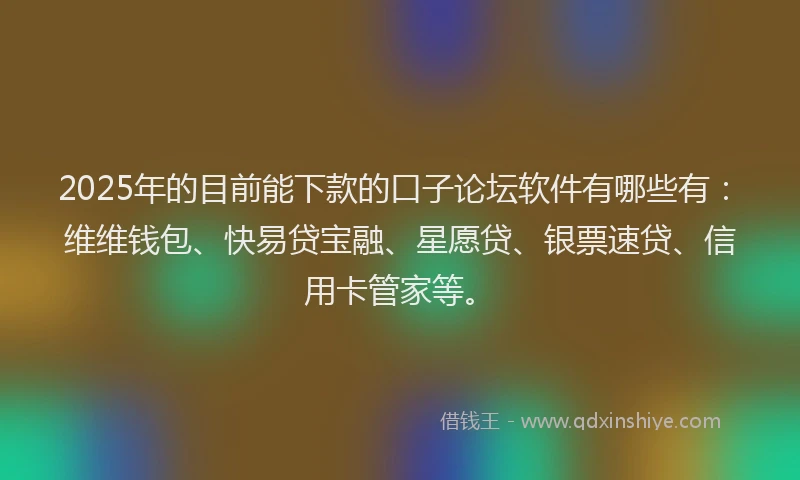 2025年的目前能下款的口子论坛软件有哪些有：维维钱包、快易贷宝融、星愿贷、银票速贷、信用卡管家等。
