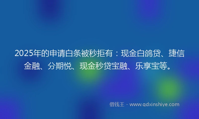 2025年的申请白条被秒拒有：现金白鸽贷、捷信金融、分期悦、现金秒贷宝融、乐享宝等。