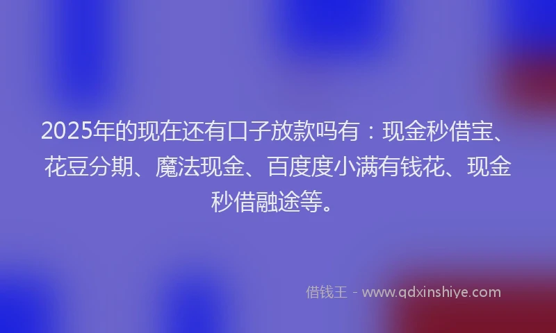 2025年的现在还有口子放款吗有：现金秒借宝、花豆分期、魔法现金、百度度小满有钱花、现金秒借融途等。