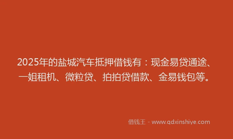2025年的盐城汽车抵押借钱有：现金易贷通途、一姐租机、微粒贷、拍拍贷借款、金易钱包等。