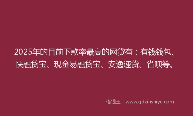 2025年的目前下款率最高的网贷有：有钱钱包、快融贷宝、现金易融贷宝、安逸速贷、省呗等。