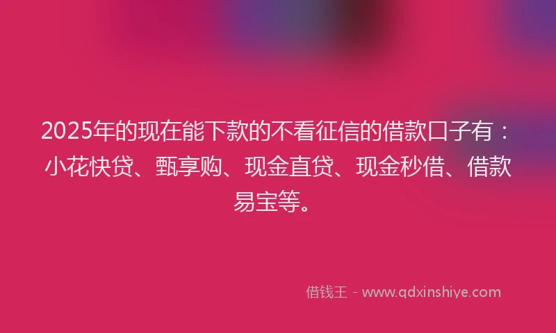 2025年的现在能下款的不看征信的借款口子有：小花快贷、甄享购、现金直贷、现金秒借、借款易宝等。