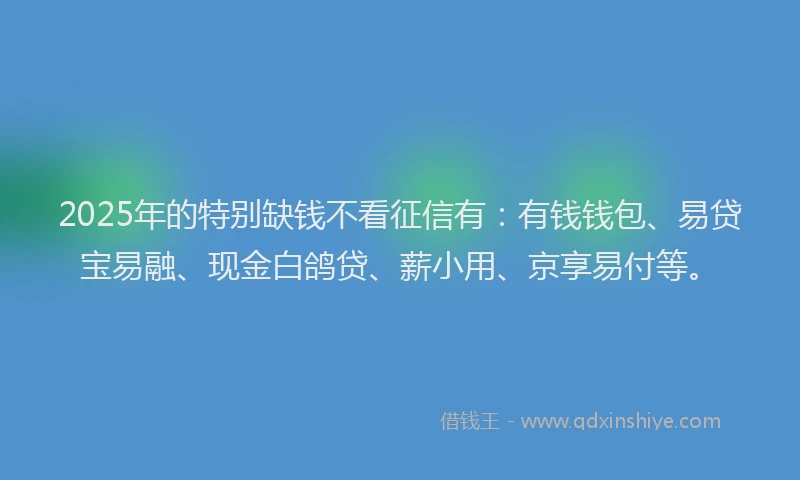 2025年的特别缺钱不看征信有：有钱钱包、易贷宝易融、现金白鸽贷、薪小用、京享易付等。