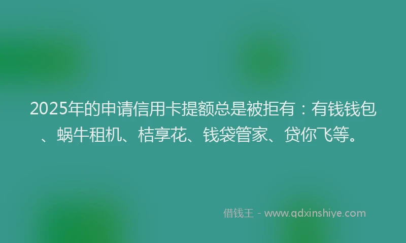 2025年的申请信用卡提额总是被拒有：有钱钱包、蜗牛租机、桔享花、钱袋管家、贷你飞等。
