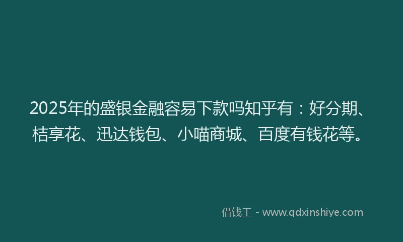 2025年的盛银金融容易下款吗知乎有：好分期、桔享花、迅达钱包、小喵商城、百度有钱花等。