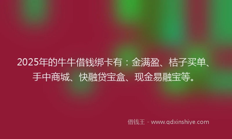 2025年的牛牛借钱绑卡有：金满盈、桔子买单、手中商城、快融贷宝盒、现金易融宝等。