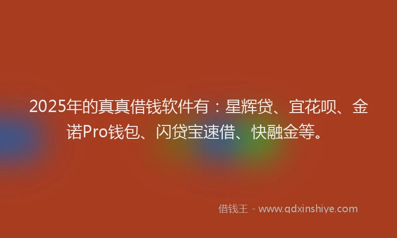 2025年的真真借钱软件有：星辉贷、宜花呗、金诺Pro钱包、闪贷宝速借、快融金等。