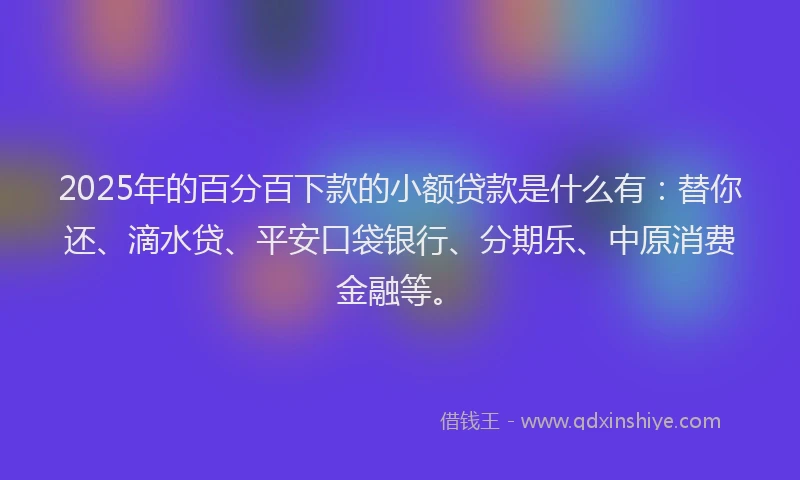 2025年的百分百下款的小额贷款是什么有：替你还、滴水贷、平安口袋银行、分期乐、中原消费金融等。