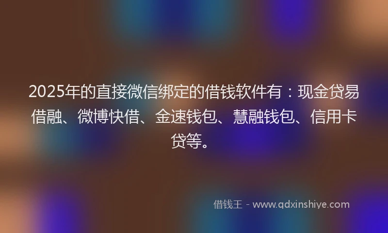 2025年的直接微信绑定的借钱软件有：现金贷易借融、微博快借、金速钱包、慧融钱包、信用卡贷等。