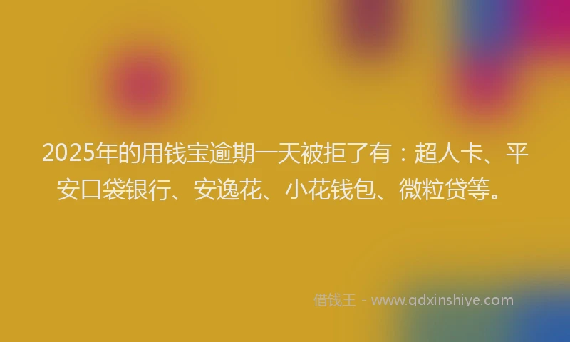 2025年的用钱宝逾期一天被拒了有：超人卡、平安口袋银行、安逸花、小花钱包、微粒贷等。