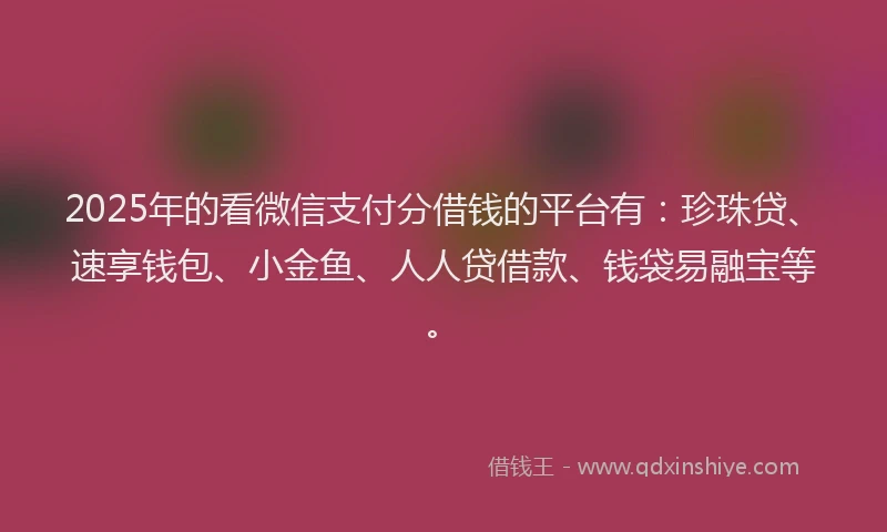 2025年的看微信支付分借钱的平台有：珍珠贷、速享钱包、小金鱼、人人贷借款、钱袋易融宝等。