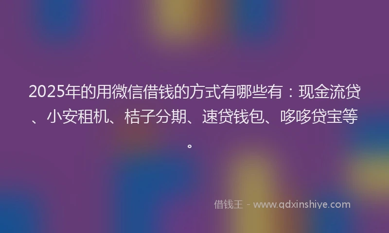 2025年的用微信借钱的方式有哪些有：现金流贷、小安租机、桔子分期、速贷钱包、哆哆贷宝等。