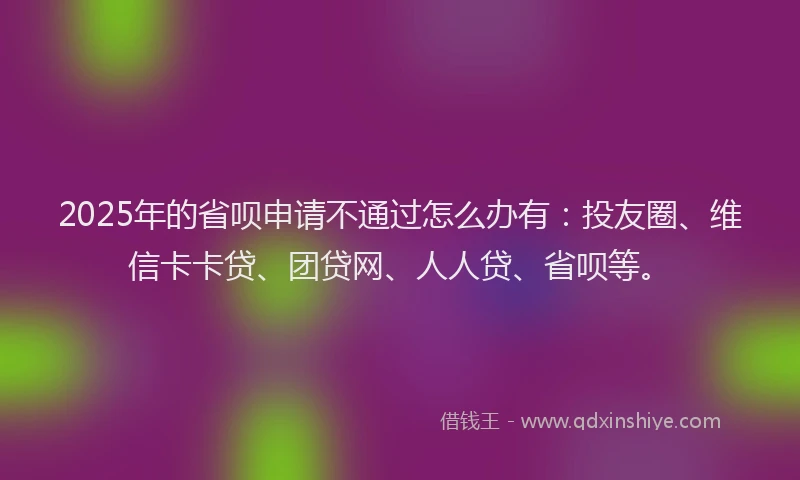 2025年的省呗申请不通过怎么办有：投友圈、维信卡卡贷、团贷网、人人贷、省呗等。