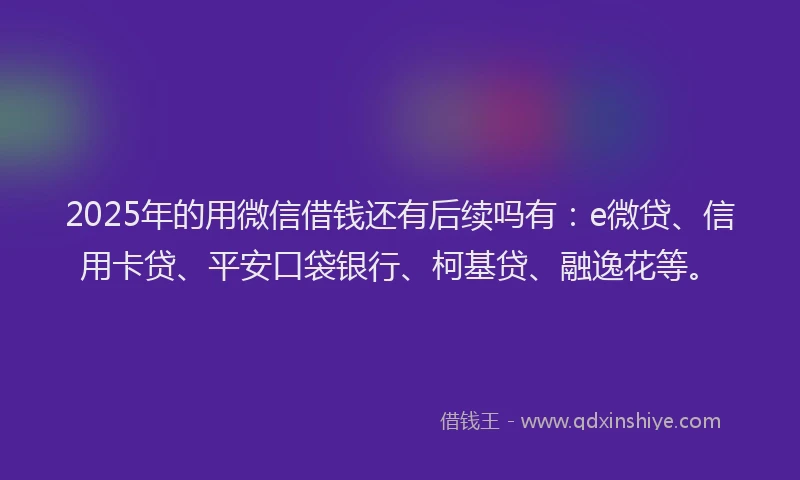 2025年的用微信借钱还有后续吗有：e微贷、信用卡贷、平安口袋银行、柯基贷、融逸花等。
