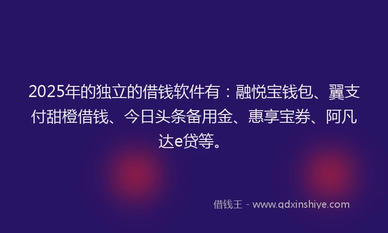 2025年的独立的借钱软件有：融悦宝钱包、翼支付甜橙借钱、今日头条备用金、惠享宝券、阿凡达e贷等。