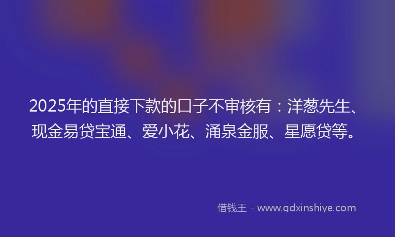 2025年的直接下款的口子不审核有：洋葱先生、现金易贷宝通、爱小花、涌泉金服、星愿贷等。