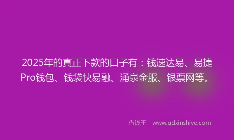 2025年的真正下款的口子有：钱速达易、易捷Pro钱包、钱袋快易融、涌泉金服、银票网等。
