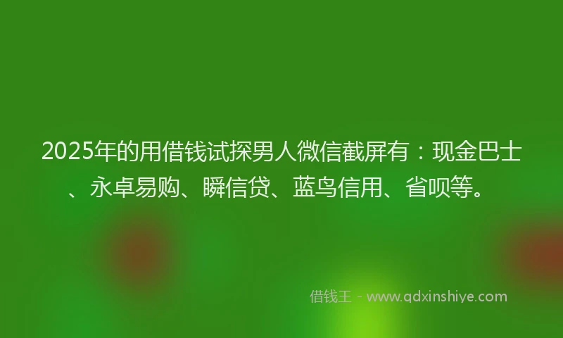 2025年的用借钱试探男人微信截屏有：现金巴士、永卓易购、瞬信贷、蓝鸟信用、省呗等。