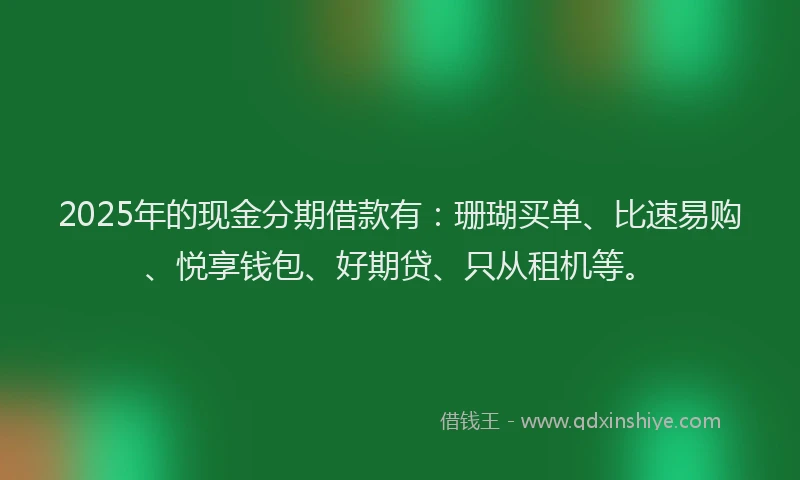 2025年的现金分期借款有：珊瑚买单、比速易购、悦享钱包、好期贷、只从租机等。