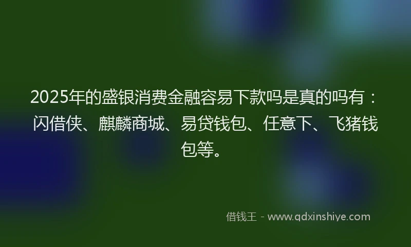 2025年的盛银消费金融容易下款吗是真的吗有：闪借侠、麒麟商城、易贷钱包、任意下、飞猪钱包等。