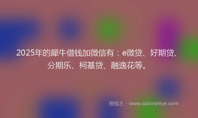 2025年的犀牛借钱加微信有：e微贷、好期贷、分期乐、柯基贷、融逸花等。