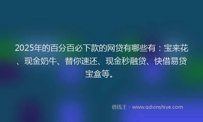 2025年的百分百必下款的网贷有哪些有：宝来花、现金奶牛、替你速还、现金秒融贷、快借易贷宝盒等。