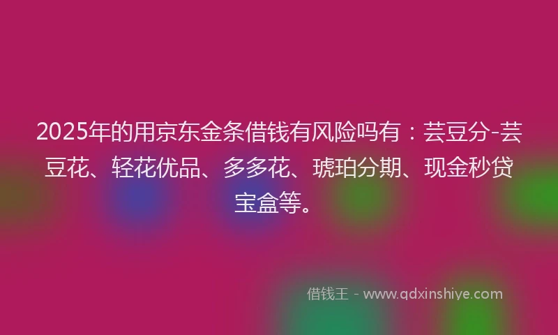 2025年的用京东金条借钱有风险吗有：芸豆分-芸豆花、轻花优品、多多花、琥珀分期、现金秒贷宝盒等。