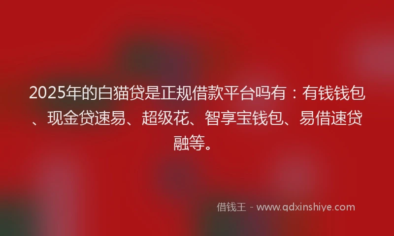 2025年的白猫贷是正规借款平台吗有：有钱钱包、现金贷速易、超级花、智享宝钱包、易借速贷融等。