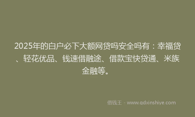 2025年的白户必下大额网贷吗安全吗有：幸福贷、轻花优品、钱速借融途、借款宝快贷通、米族金融等。
