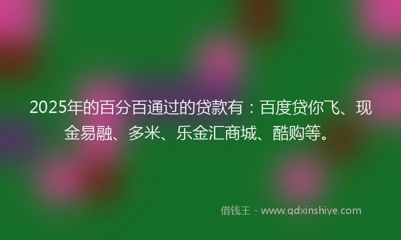2025年的百分百通过的贷款有：百度贷你飞、现金易融、多米、乐金汇商城、酷购等。