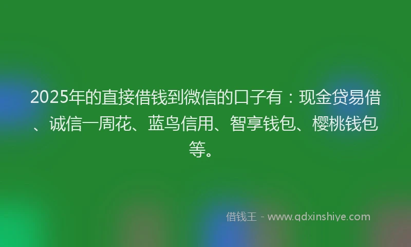 2025年的直接借钱到微信的口子有：现金贷易借、诚信一周花、蓝鸟信用、智享钱包、樱桃钱包等。