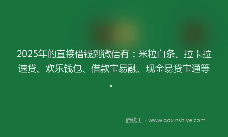 2025年的直接借钱到微信有：米粒白条、拉卡拉速贷、欢乐钱包、借款宝易融、现金易贷宝通等。