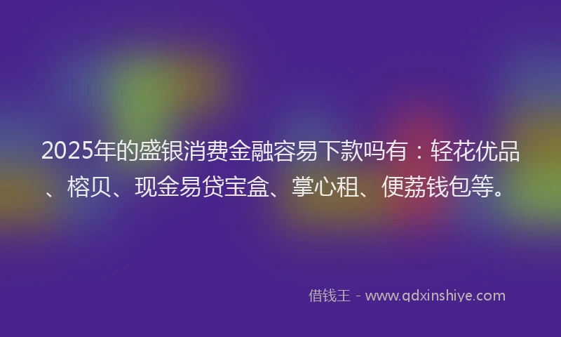2025年的盛银消费金融容易下款吗有：轻花优品、榕贝、现金易贷宝盒、掌心租、便荔钱包等。