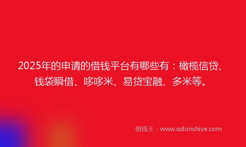 2025年的申请的借钱平台有哪些有：橄榄信贷、钱袋瞬借、哆哆米、易贷宝融、多米等。