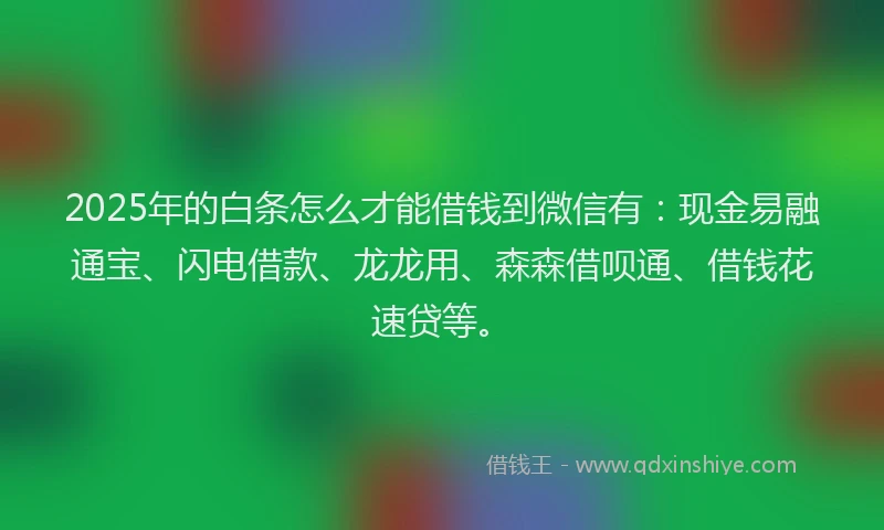 2025年的白条怎么才能借钱到微信有：现金易融通宝、闪电借款、龙龙用、森森借呗通、借钱花速贷等。