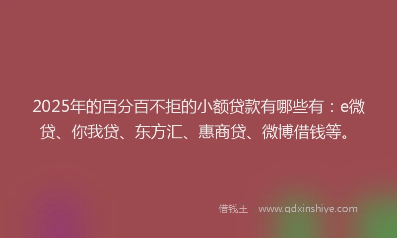 2025年的百分百不拒的小额贷款有哪些有：e微贷、你我贷、东方汇、惠商贷、微博借钱等。