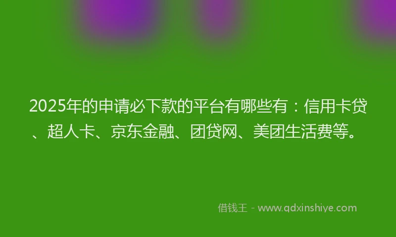 2025年的申请必下款的平台有哪些有：信用卡贷、超人卡、京东金融、团贷网、美团生活费等。