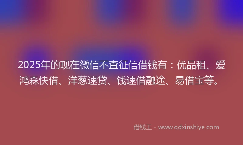 2025年的现在微信不查征信借钱有：优品租、爱鸿森快借、洋葱速贷、钱速借融途、易借宝等。