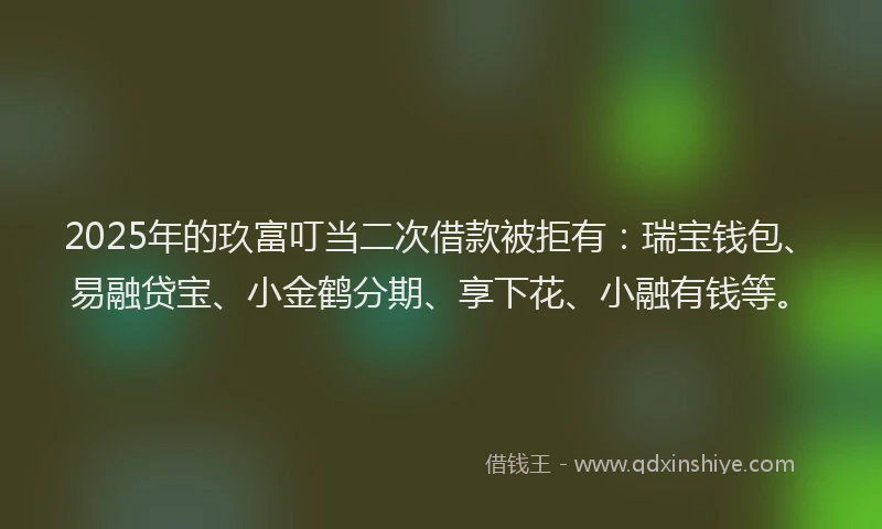 2025年的玖富叮当二次借款被拒有：瑞宝钱包、易融贷宝、小金鹤分期、享下花、小融有钱等。