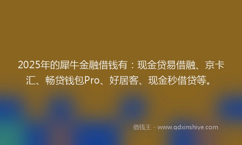 2025年的犀牛金融借钱有：现金贷易借融、京卡汇、畅贷钱包Pro、好居客、现金秒借贷等。