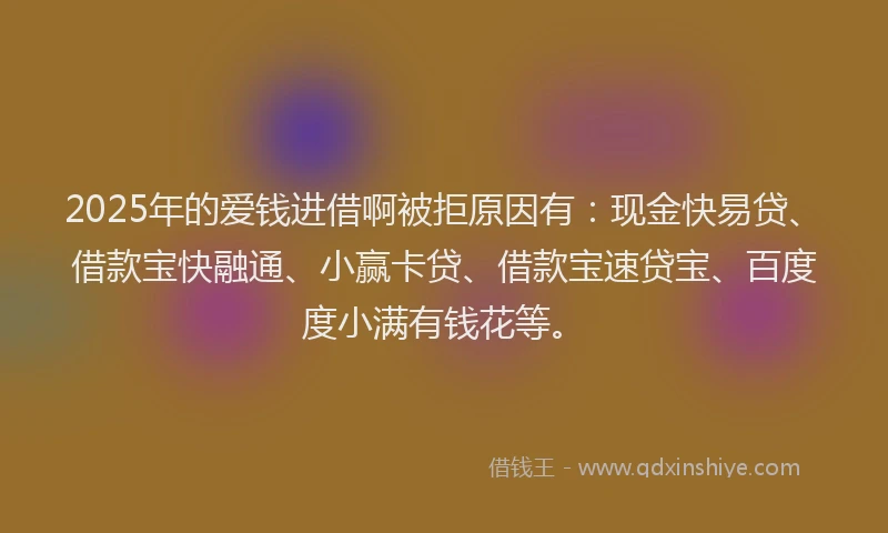 2025年的爱钱进借啊被拒原因有：现金快易贷、借款宝快融通、小赢卡贷、借款宝速贷宝、百度度小满有钱花等。