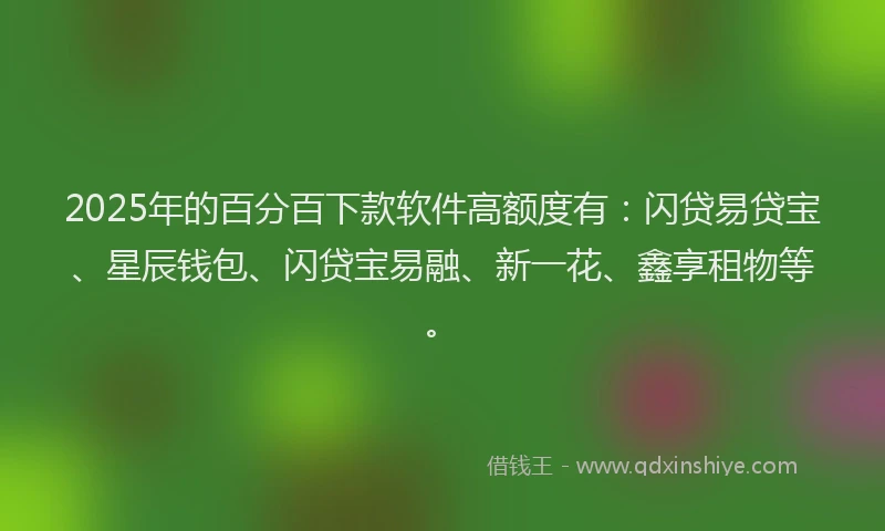2025年的百分百下款软件高额度有：闪贷易贷宝、星辰钱包、闪贷宝易融、新一花、鑫享租物等。