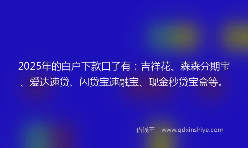 2025年的白户下款口子有：吉祥花、森森分期宝、爱达速贷、闪贷宝速融宝、现金秒贷宝盒等。